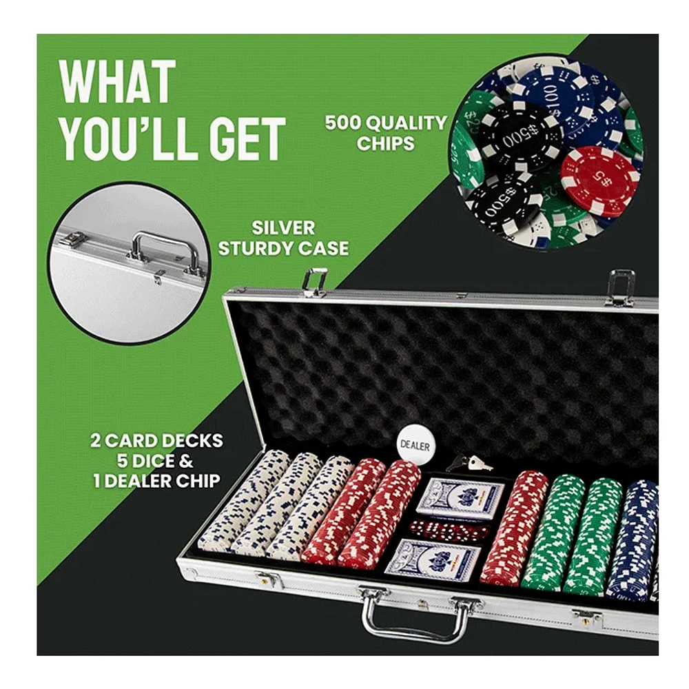 Tradeopia 500 Pieces Casino Poker Set With Aluminum Silver Case