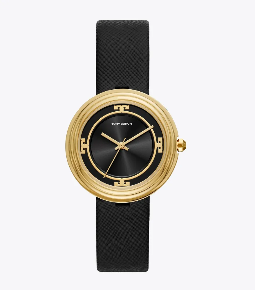 Tory Burch Reva Watch, Black Leather/Gold Tone, 36 MM