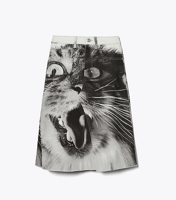 Cat Printed Denim Skirt