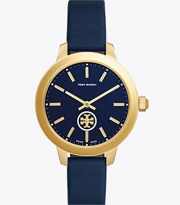 Collins 38mm Gold Tone/Nvy/Nvy Leather Strap