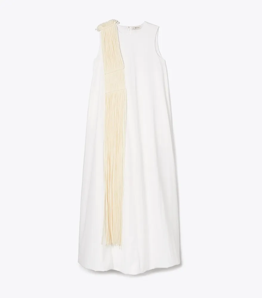 Cotton Poplin Dress with Silk Chiffon Fringe