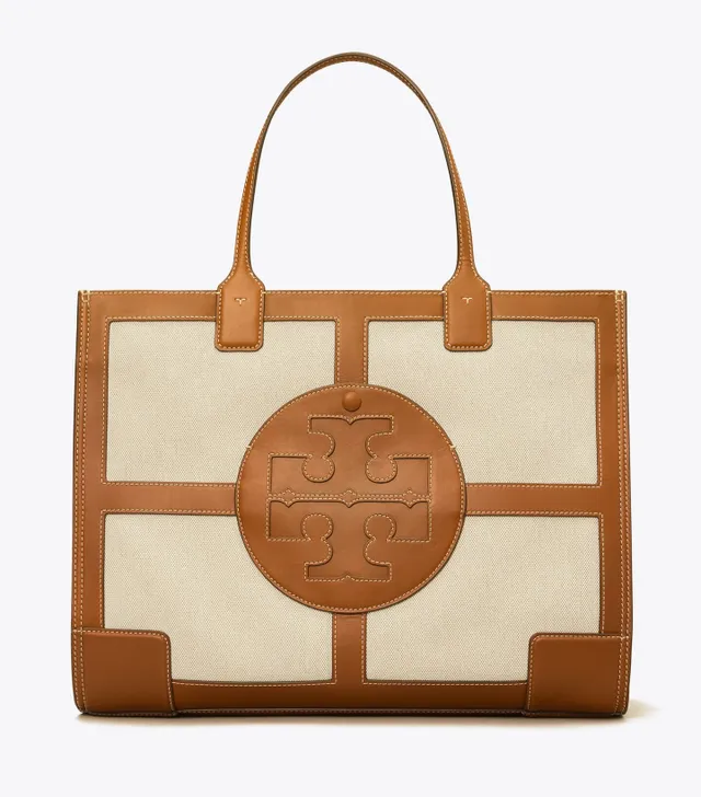 Tory Burch Ella Basketweave Logo Print Canvas Leather Large Tote