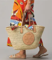 Ella Printed Straw Basket Tote Bag
