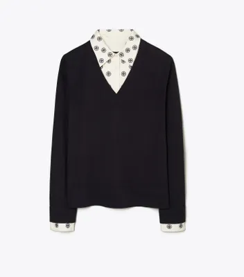 Embroidered Dickie V-Neck Sweater