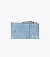 Fleming Denim-Print Suede Zip Card Case