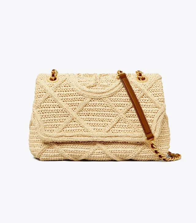 Tory Burch Fleming Soft Straw Small Convertible Shoulder Bag In Natural/  Black