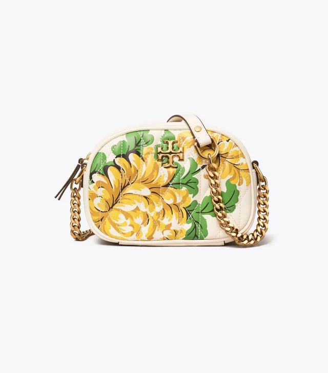 TORY BURCH Kira Quilted Chevron Printed Floral Fabric Green Leather Camera  Bag