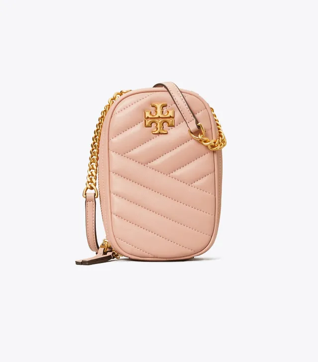 Tory Burch Kira Chevron Small Leather Camera Crossbody In Gray Heron/gold