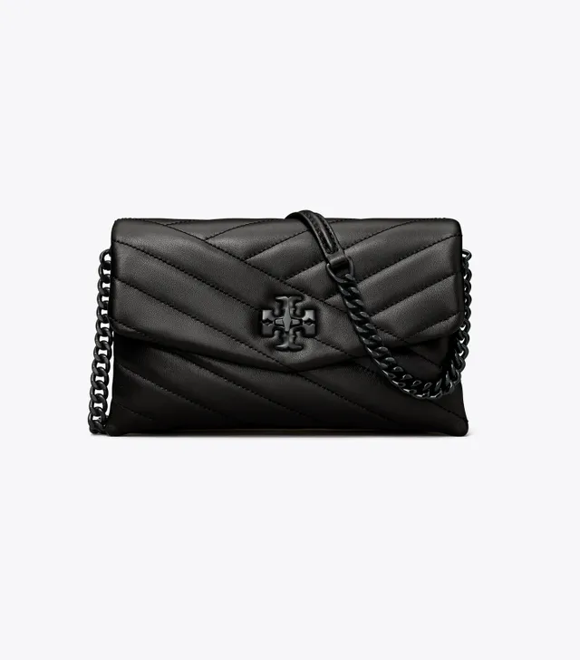 Tory Burch Kira Chevron Powder Coated Chain Wallet in Black