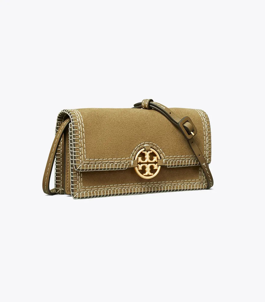 Buckle Colorblock Raffia & Leather Crossbody Phone Case In Brown