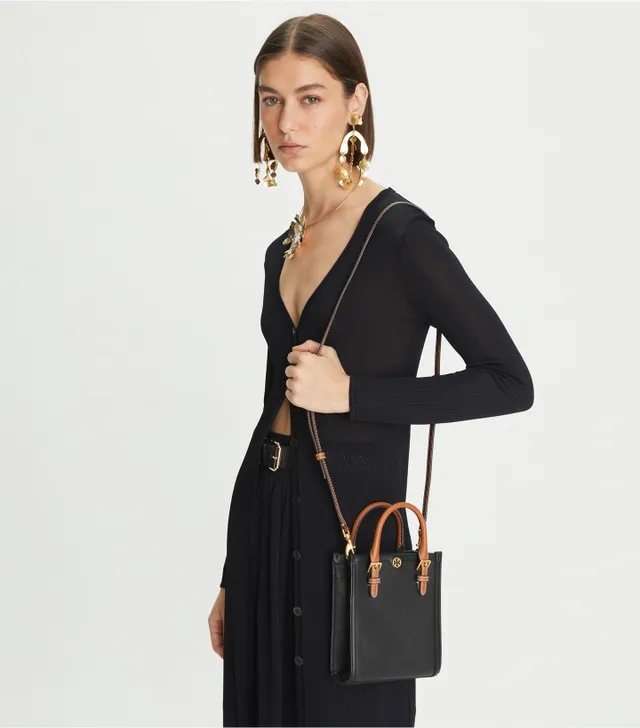 Tory Burch Mini T Monogram Perforated Leather Bucket Bag in Black