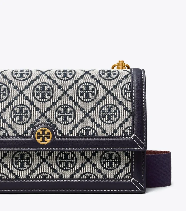 Tory Burch Petite T Monogram Denim Barrel Bag in White