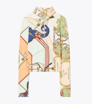 Printed Cropped Half-Zip Long-Sleeve Top