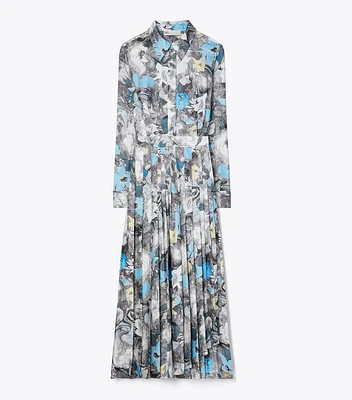 Printed Pleated Silk Twill Dress