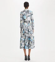 Printed Pleated Silk Twill Dress