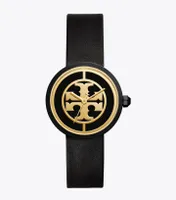 Tory Burch Reva Watch, Black Leather/Gold Tone, 36 MM