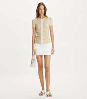 Ruched Wool Short Sleeve Sweater Top