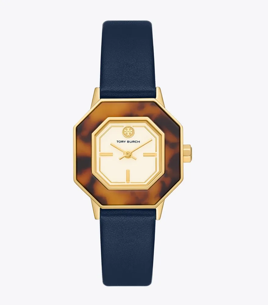 Sawyer Octagonal Watch, Navy Leather/Gold-Tone Stainless Steel, 28 x 32MM 
