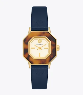 Sawyer Octagonal Watch, Navy Leather/Gold-Tone Stainless Steel, 28 x 32MM 