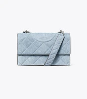 Small Fleming Denim-Print Suede Shoulder Bag