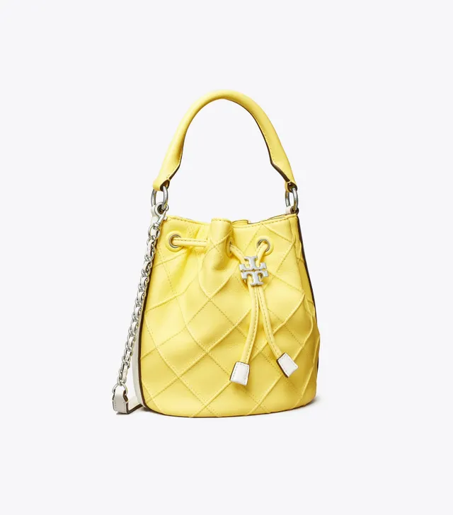 Tory Burch Mini Fleming Soft Patent Border Bucket Bag in Yellow