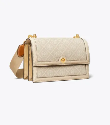 Tory Burch Petite T Monogram Denim Barrel Bag in White