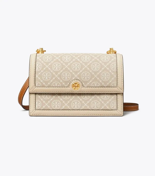 Tory Burch Petite T Monogram Denim Barrel Bag in White