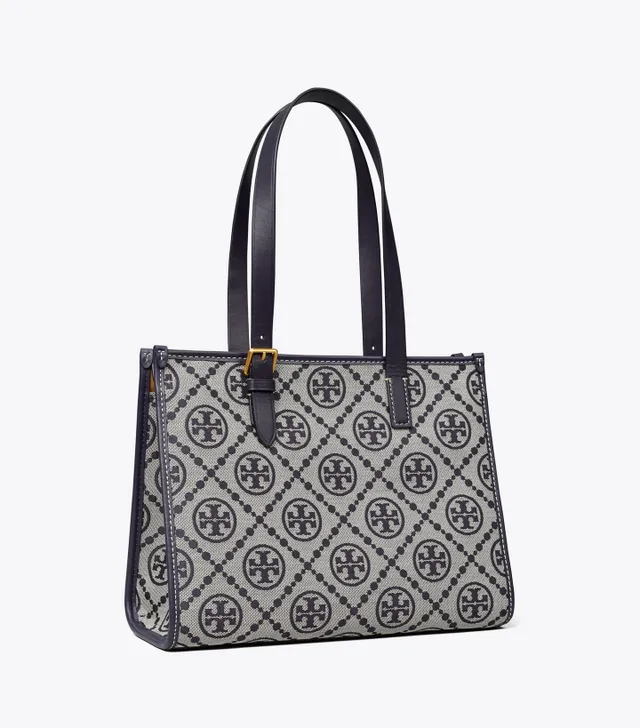 T Monogram Embossed Leather Tote Bag in Black - Tory Burch