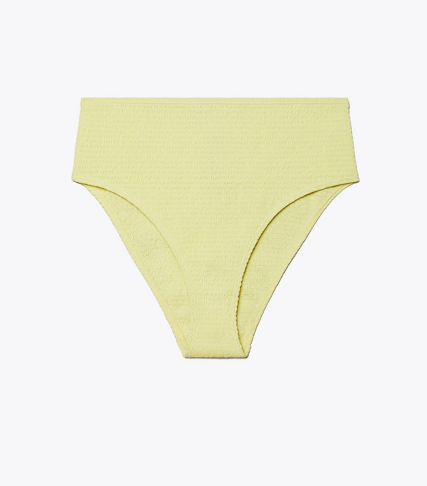 Smocked High-Leg High-Waisted Bikini Bottom