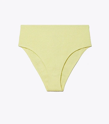 Smocked High-Leg High-Waisted Bikini Bottom