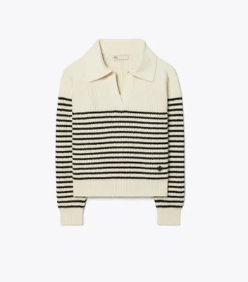Striped Open Collar Wool Sweater