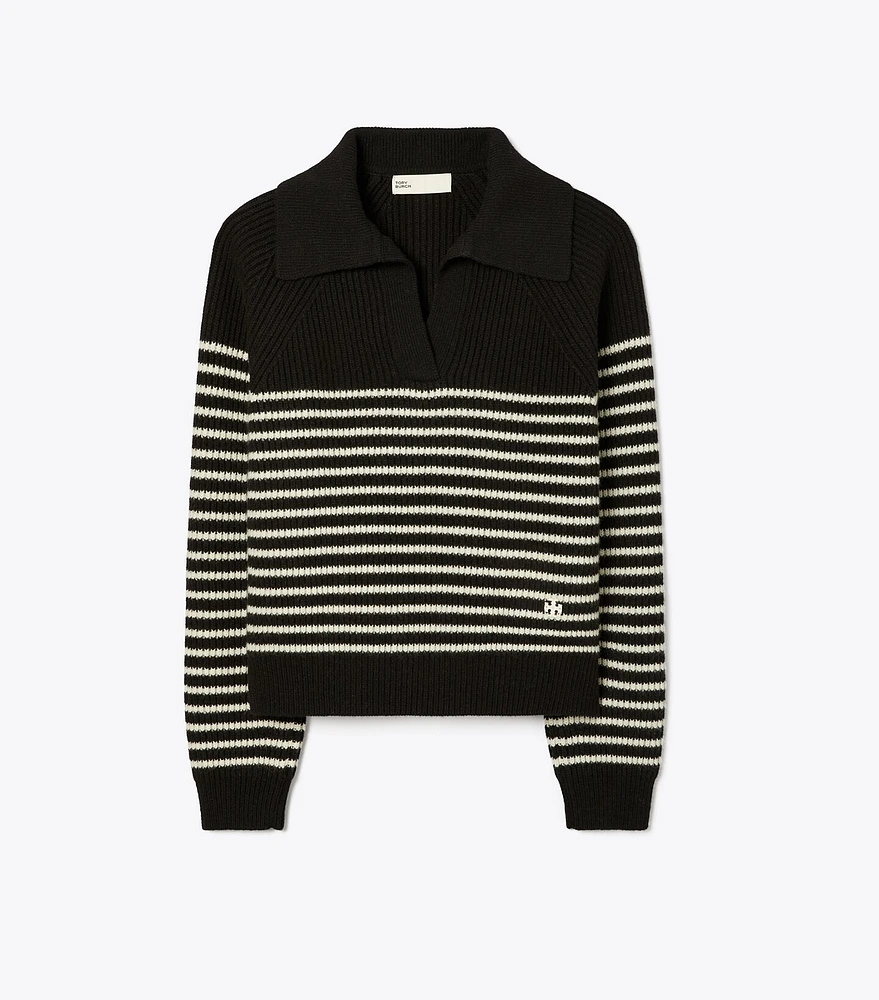 Striped Open Collar Wool Sweater