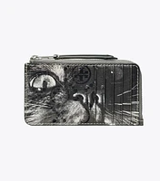 T Monogram Cat Printed Zip Card Case