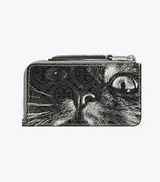 T Monogram Cat Printed Zip Card Case