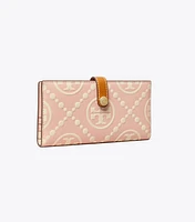 T Monogram Contrast Embossed Zip Slim Wallet