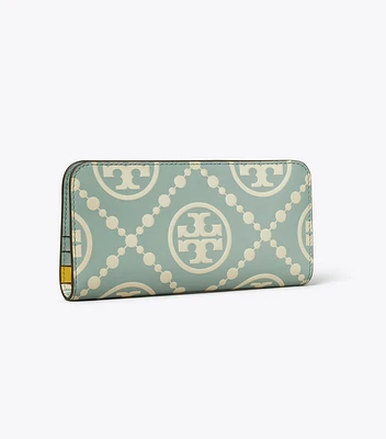 T Monogram Contrast Embossed Zip Slim Wallet