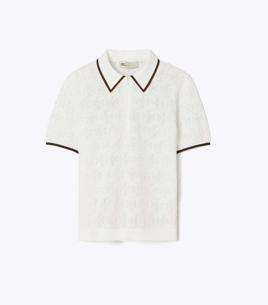 T Monogram Cotton Pointelle Zip Polo