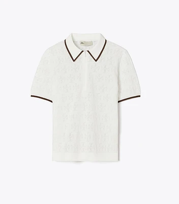 T Monogram Cotton Pointelle Zip Polo