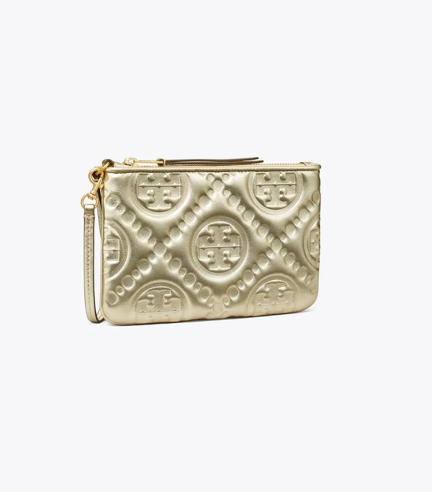 T Monogram Embossed Metallic Pouch