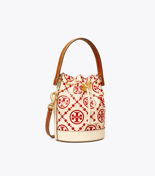 Tory Burch red Studded T Monogram Bucket Bag