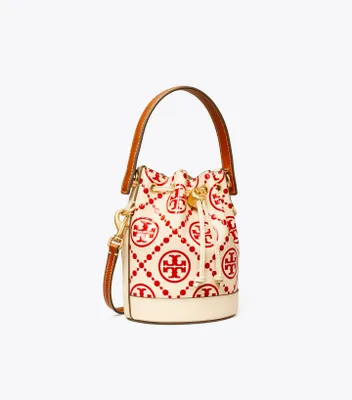 Tory Burch Petite T Monogram Denim Barrel Bag in White