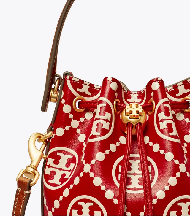 Tory Burch red Studded T Monogram Bucket Bag