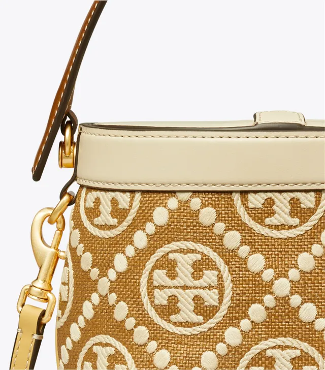 T Monogram Embroidered Raffia Mini Bucket Bag: Women's Designer Crossbody  Bags