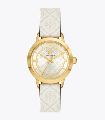 T Monogram Tory Watch, Ivory Leather/Gold-Tone Stainless Steel, 32 x 42MM 
