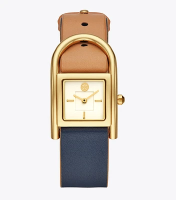 Thayer Watch, Beige & Navy Leather/Gold-Tone, 25 X 39 MM