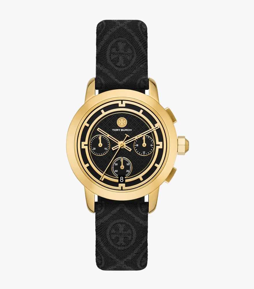 Tory Chronograph Watch, T Monogram Jacquard/ Leather/ Gold-Tone Stainless Steel