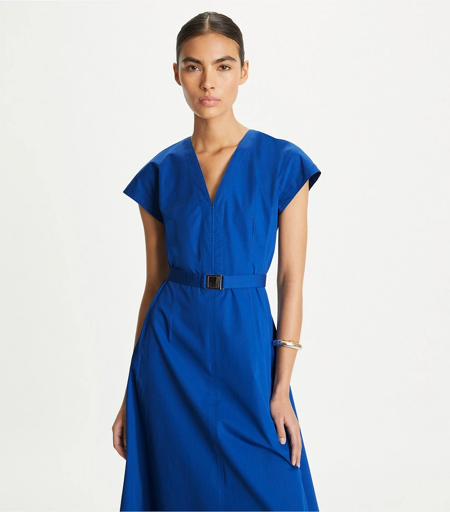 Waisted V-Neck Poplin Dress