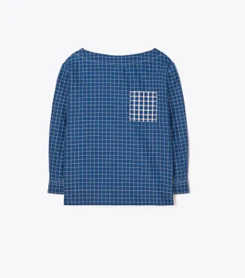 Windowpane Plaid Silk Boatneck Top