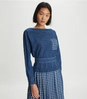 Windowpane Plaid Silk Boatneck Top