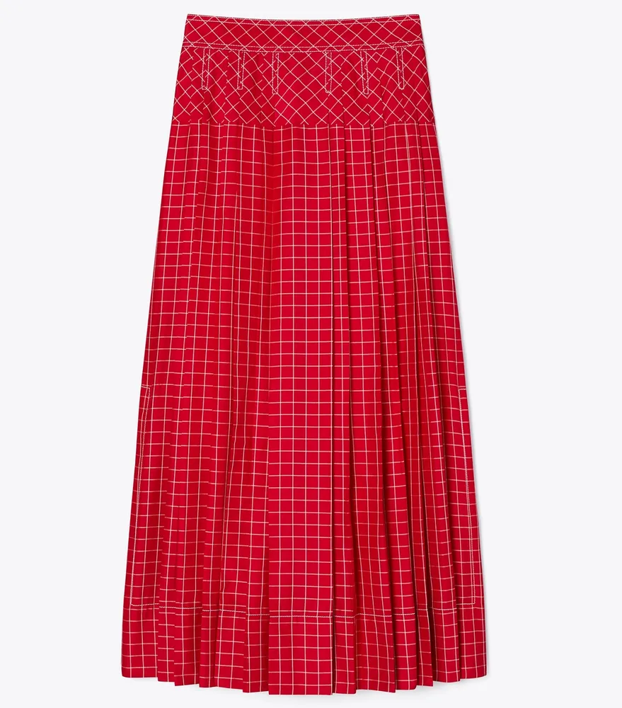 Windowpane Silk Pleated Skirt